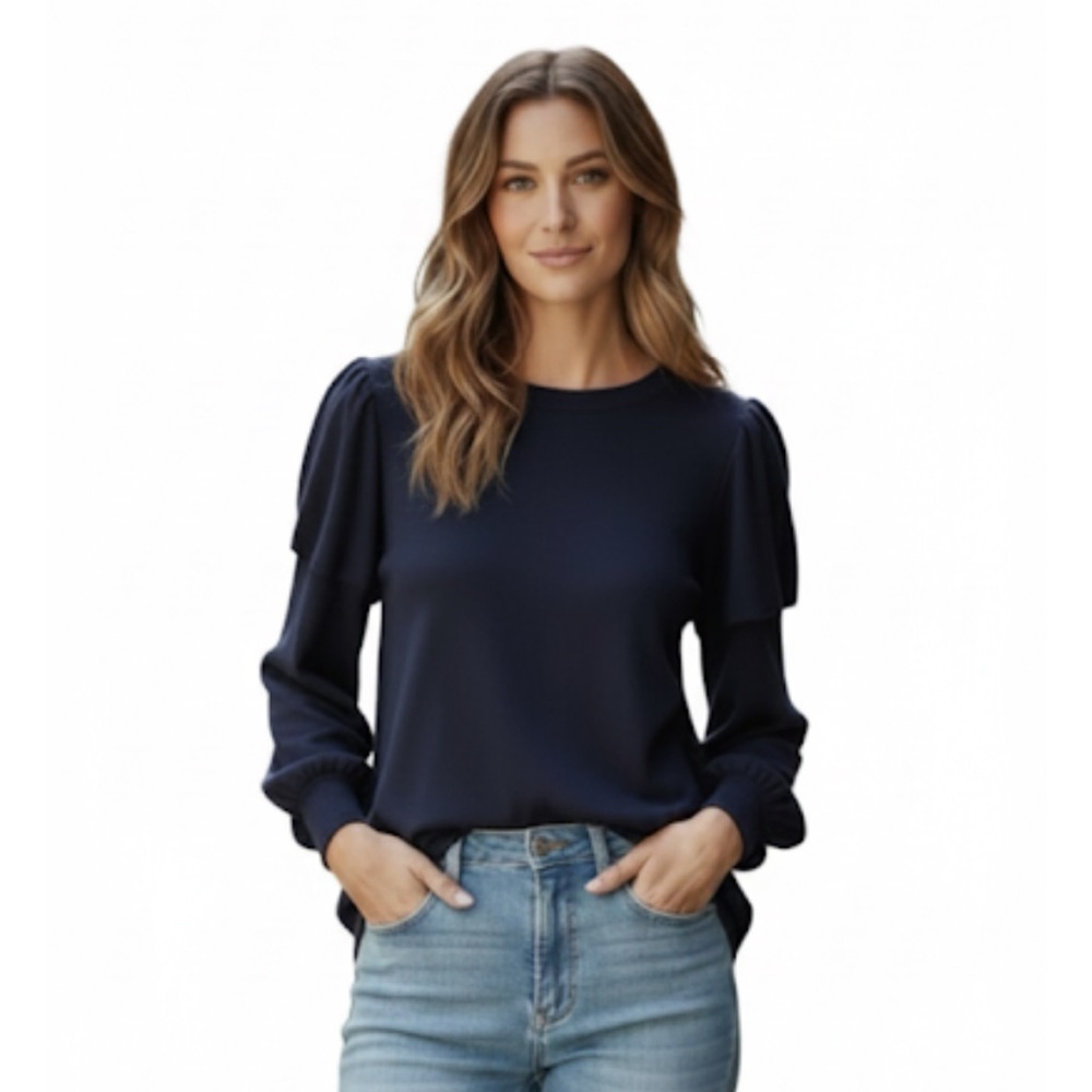 DEMOCRACY Sweater with Flutter Sleeves, Women’s L, Navy Blue